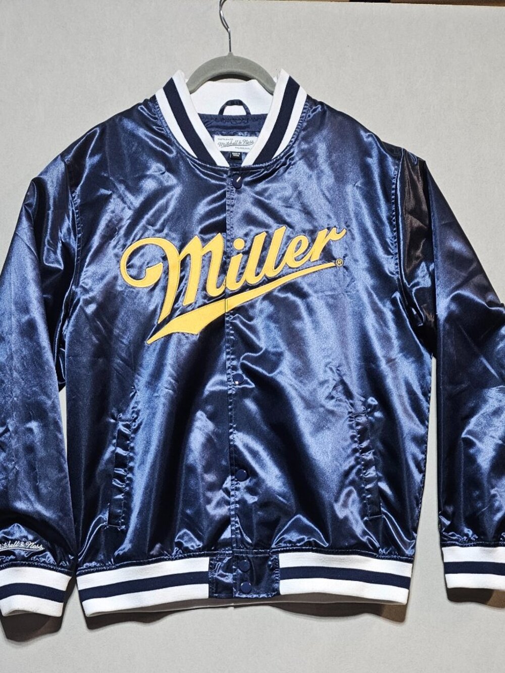 Mitchell & Ness Miller Beer Satin Varsity Jacket Men's L Navy Gold
